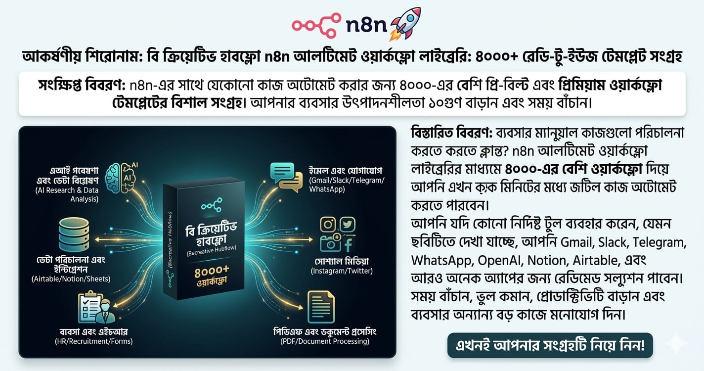 বি ক্রিয়েটিভ হাবফ্লো n8n আলটিমেট ওয়ার্কফ্লো লাইব্রেরি: ৪০০০+ রেডি-টু-ইউজ টেমপ্লেট সংগ্রহ